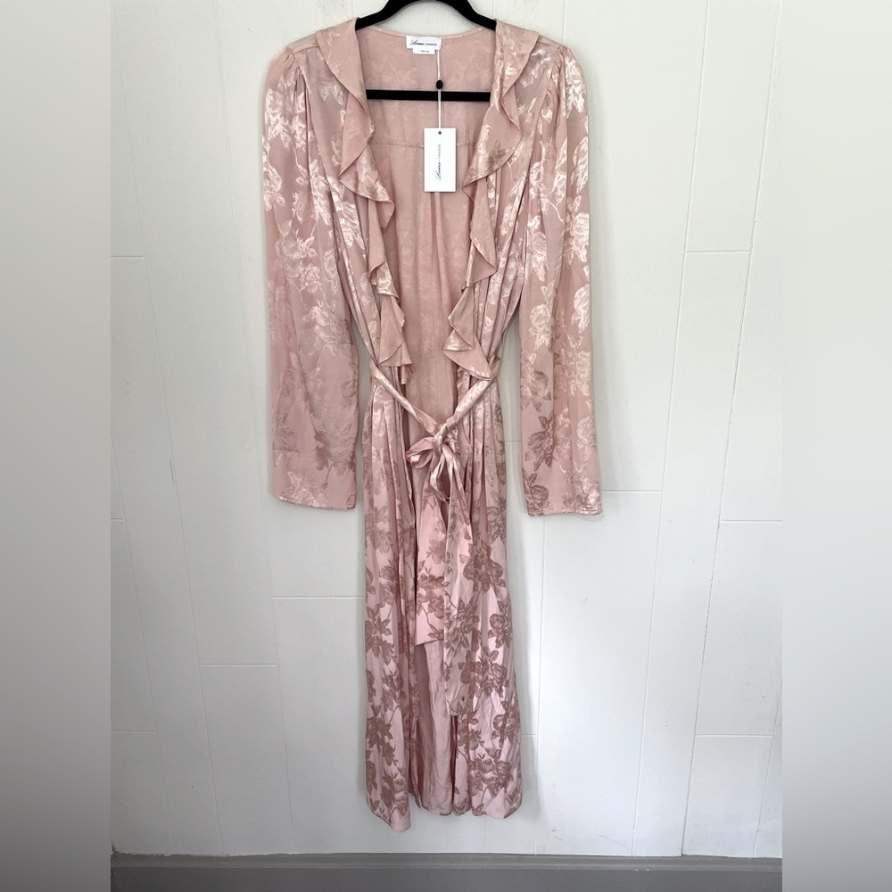 Lovers Friends NWT Bali Kimono Maxi Dress Pink Satin Ruffles Belt ~ Size M